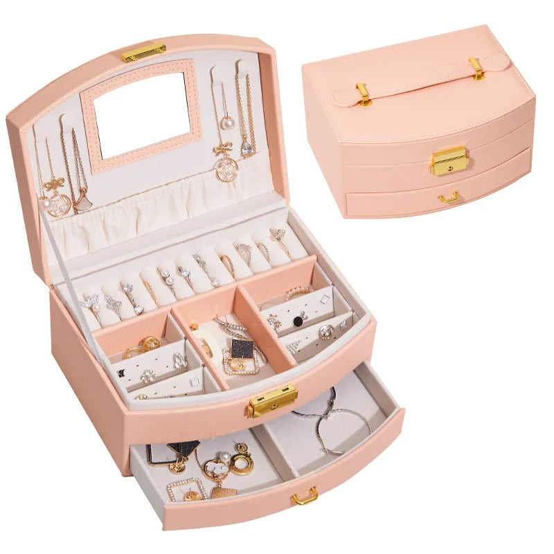 Large-Capacity Double-Layer Jewelry Storage Box With Drawer Leather Multifunctional Korean-Style