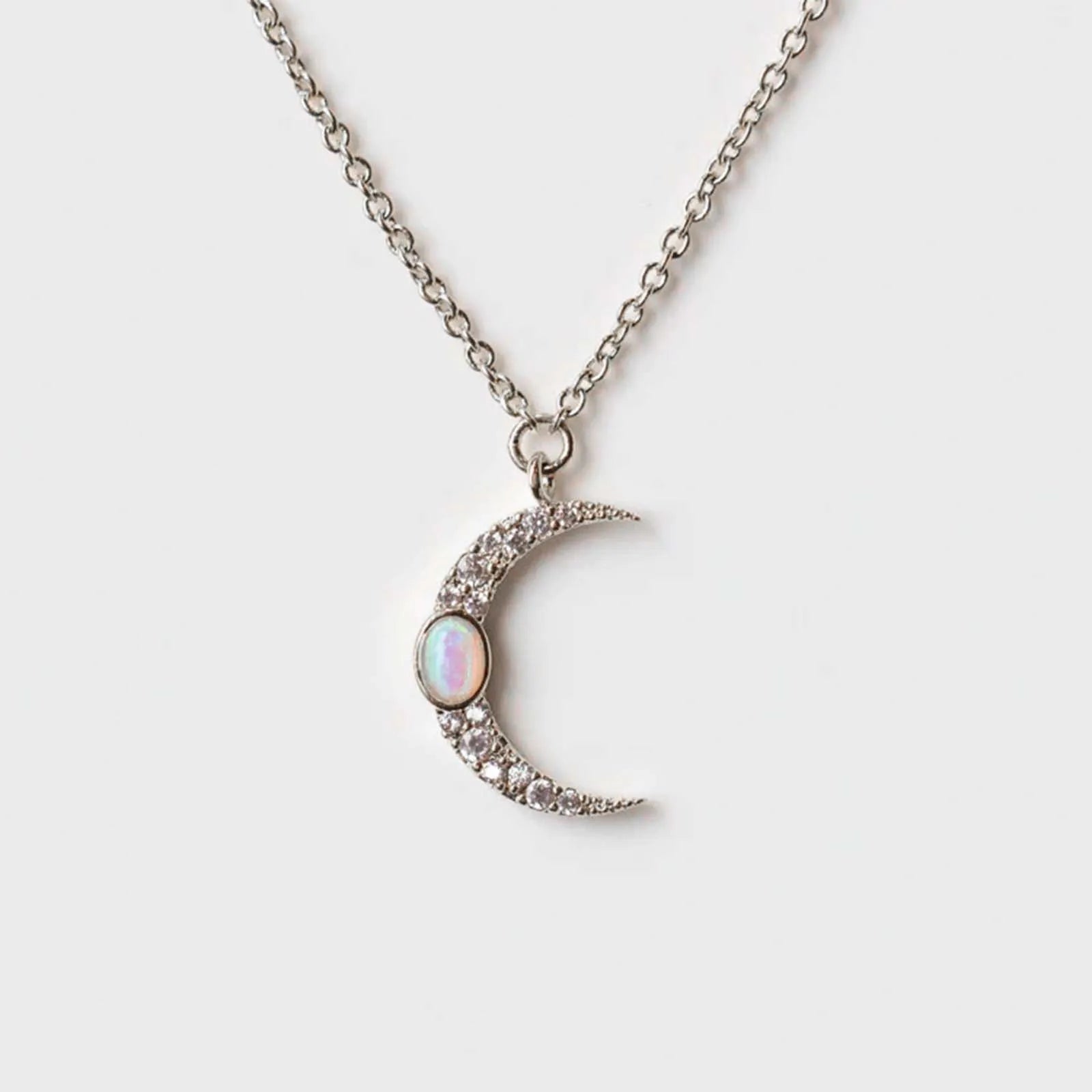 Moon Zircon CZ Opals Pendant Long Chain Necklace